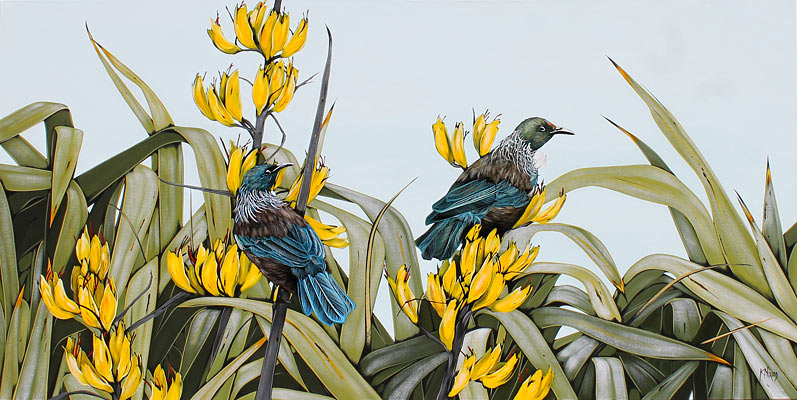 Kirsty Nixon nz landscape artist, pair of tui, kowhai