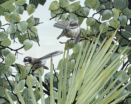 Kirsty Nixon nz bird and lanscape art, fantails, acrylic on canvas