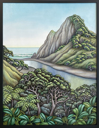 Mary Taylor nz original landscape art, The Watchman Karekare, acrylic on canvas